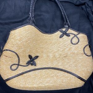 Cole Haan Natural Straw Tote with Black Trim & Floral Appliqués